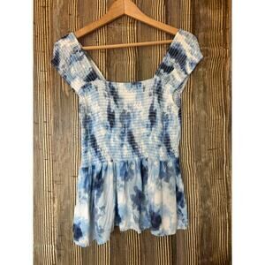 No Comment Smocked Babydoll Top Blue Tie Dye Smocked Boho Beach Festival Size 1X